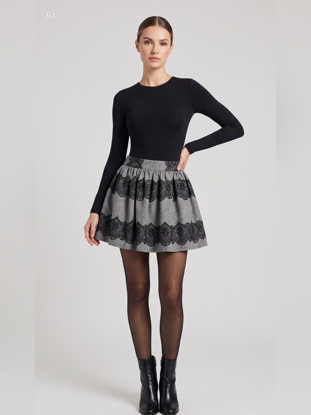 Snooki Love Gray Tweed with Lace-Trim Circle Skirt